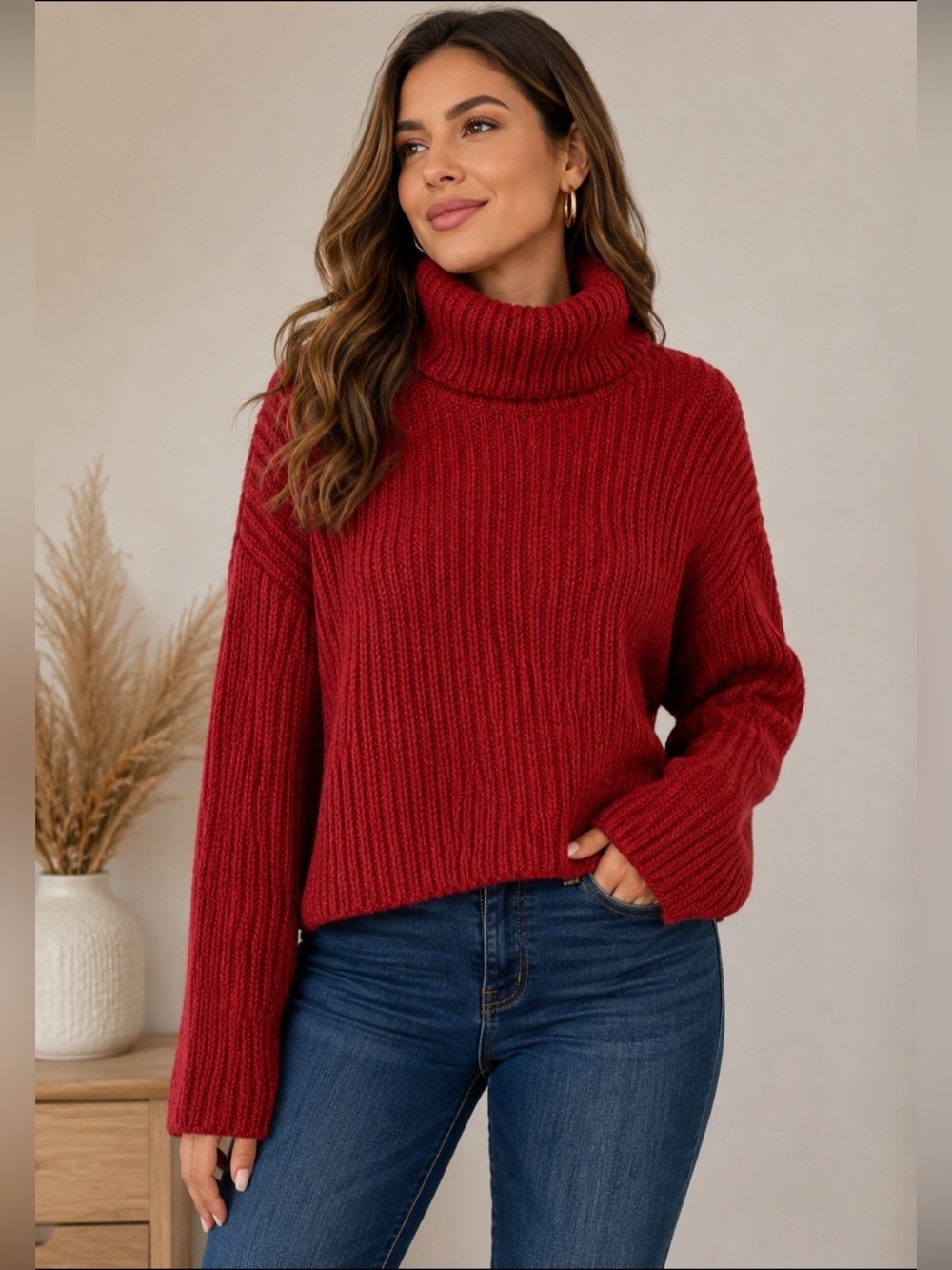 Takeout Red Ribbed Turtleneck Sweater L
